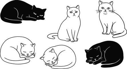 Cat illustration set with sleeping and sitting cats, black and white silhouette line art, cute pet animal drawing design.