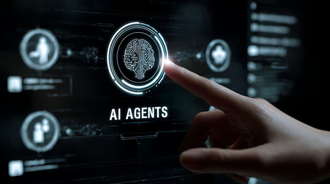 Human finger touching digital brain interface for ai agents artificial intelligence technology
