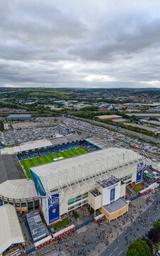 Leeds, UK, 18th August 2025. Aerial view of Elland Road as football fans arrive for Leeds United v Everton for their first game of the 25/26 Premier League season.