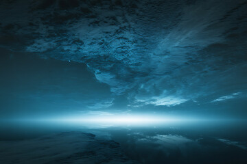 Naklejka premium Dramatic dark stormy sky illuminated by a powerful bright light from below creating an otherworldly atmosphere