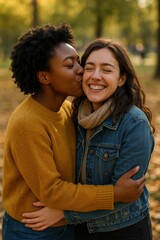 Fototapeta premium Caucasian and african young females embrace in park with autumn leaves and joyful expressions