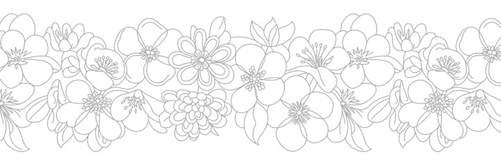 A detailed line drawing of a floral border featuring various flower types arranged in a horizontal pattern