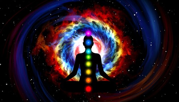 Silhouette of a person in a meditation pose surrounded by colorful cosmic energy. - Powered by Adobe