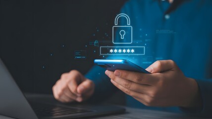 Secured Access: a depiction of a person's hands holding a smartphone, with a digital lock icon overlayed, alongside a laptop on a dark background, symbolizing network security and data protection
