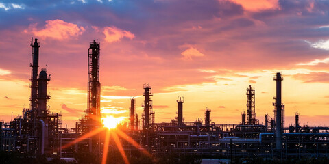 Obraz premium Sunset view of industrial refinery with towering structures Generative AI