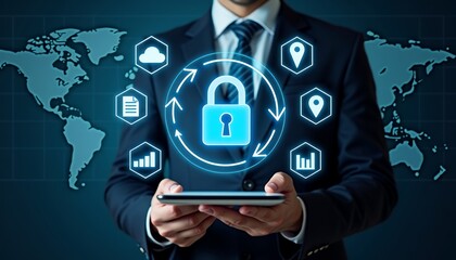 Businessman holding tablet with digital security interface and world map image