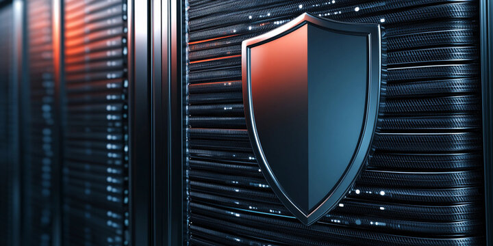 Metallic shield displayed against a dark server background Generative AI