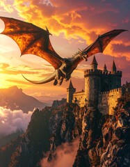 Dragon soars over castle at sunset