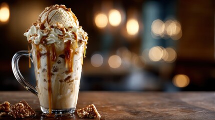 Tall glass mug with creamy iced cappuccino overflowing