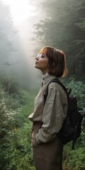 Naklejka premium Young caucasian female exploring misty forest in morning light