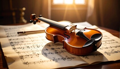 Fototapeta premium Violin with music sheet, and sunlit room.