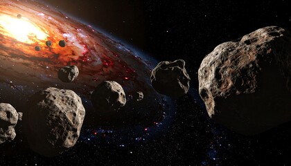 A celestial display of asteroids hurtling through space near a vibrant nebula.