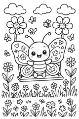 Cute butterfly on a swing surrounded by flowers in a whimsical garden