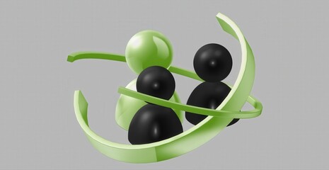 Three stylized figures in a collaborative pose, suggesting teamwork and connection. The figures are in a vibrant green and black, with an abstract, modern design