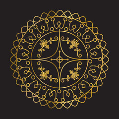 Golden lace mandala icon with ornamental heart and swirl patterns, abstract decorative circular gold design, elegant round luxury vector symbol for sacred art