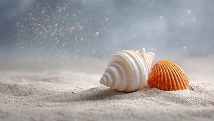 Seashells on a sandy beach with bokeh background ocean