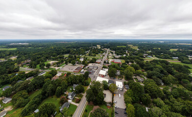 Various Drone Images of Youngsville North Carolina on a Cloudy Day Featuring the Historic Downtown and The US Highway 1 Corridor. 