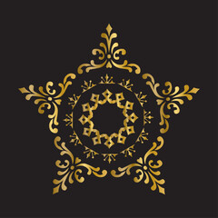 Golden floral star mandala icon with ornamental decorative pattern, elegant abstract gold star design on black background