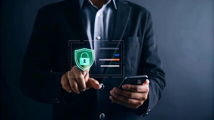 Digital login security and authentication concept. businessman with mobile account sign in, password verification, encrypted access, safe digital access, identity protection and privacy protection..
