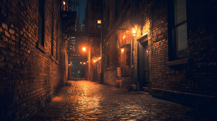 Fototapeta premium Dark and scary vintage cobblestone brick city alley at night in Chicago, Generative Ai
