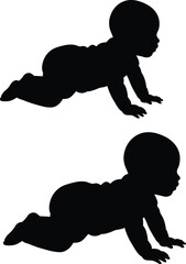 Silhouette of crawling baby, infant development, early childhood milestone, black vector illustration, newborn movement, baby growth, playful infant pose, crawling stage