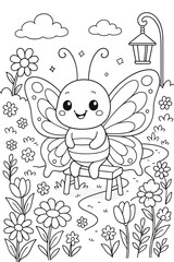 Fototapeta premium Cute butterfly sitting on a bench in a garden coloring page illustration