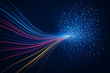 Colorful digital data streams converging into glowing cluster with abstract lines and particles representing technology communication big data flow and futuristic information visualization