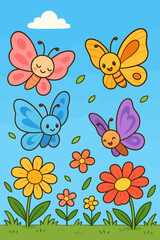 Cute cartoon butterflies and flowers in a spring meadow illustration