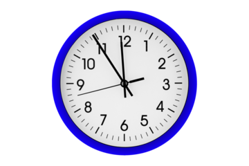 Blue watch, wall clock 11 hours 45 minutes on isolated or white background close up