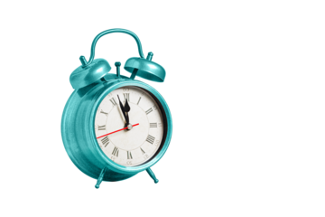 retro clock, pointer clock, blue color alarm clock on isolated white background close up