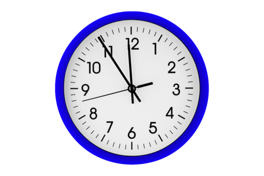 Blue watch, wall clock 11 hours 45 minutes on isolated or white background close up