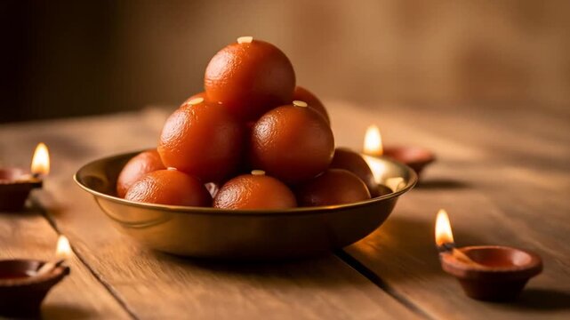A Festive Bowl of Traditional Indian Gulab Jamun Sweets Illuminated by Glowing Diwali Diya Lamps.
