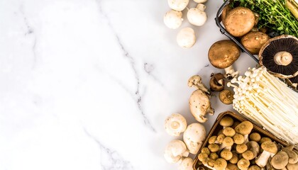 Assorted mushrooms arranged on a white marble surface, showcasing a variety of colors and textures.