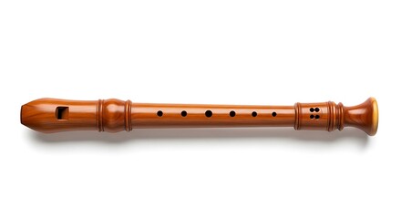 Classic wooden recorder on a white background, musical instrument studio shot.