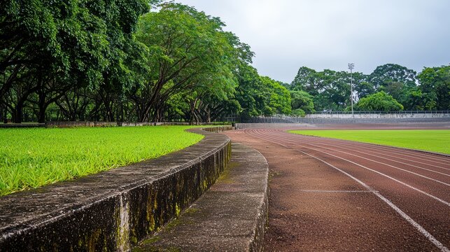 Serene Outdoor Track Surrounded by Lush Green Trees and Vibrant Grass in a Quiet Stadium Setting