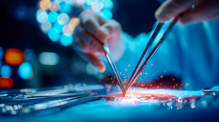Close-up of a surgeon using surgical tools under bright operating room lights