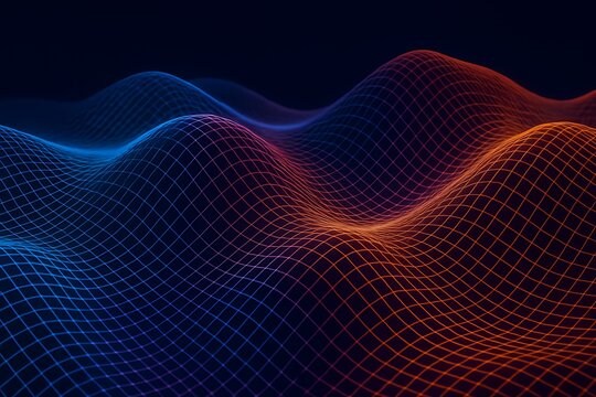 Glowing 3D wave mesh in neon gradient with blue, purple, and orange tones, abstract futuristic grid landscape symbolizing AI networks, quantum computing, and digital data flow