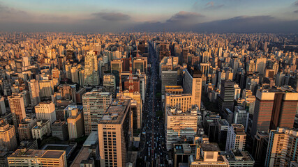 5K Sunset Aerial View of Avenida Paulista and São Paulo City Skyline, Brazil