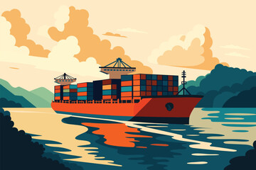 Large red cargo ship crossing canal surrounded by mountains and nature, illustration about maritime trade, global logistics, shipping industry, export, import and international business routes.