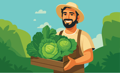 Smiling farmer with beard and hat holding box of freshly harvested lettuce, illustration about agriculture, organic food, rural life, sustainability and healthy nutrition.