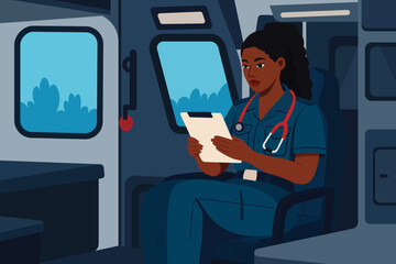African-American paramedic inside an ambulance, reviewing medical documents on a clipboard. First aid, professional mobile medical care, and patient support.