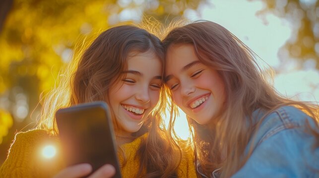 Two young women smiling and holding cell phone. Realistic video of sisters in park. A young girl snaps a photo of her childhood with a smartphone and smiles. Two young lifestyle women grinning and. - Powered by Adobe