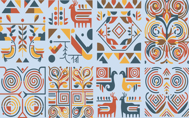 Abstract geometric tribal pattern with colorful ethnic motifs