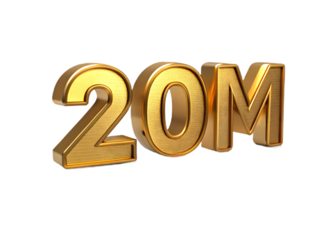 Golden 20 million number isolated on transparent background