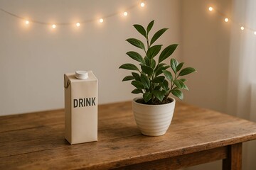 Rustic Table with Plant and Drink Carton in Cozy Minimalist Home Setting
