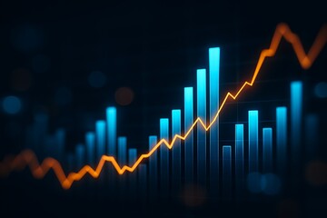 futuristic financial chart with glowing blue bar graphs and orange line graph showing economic growth data visualization analytics investment statistics and modern business technology