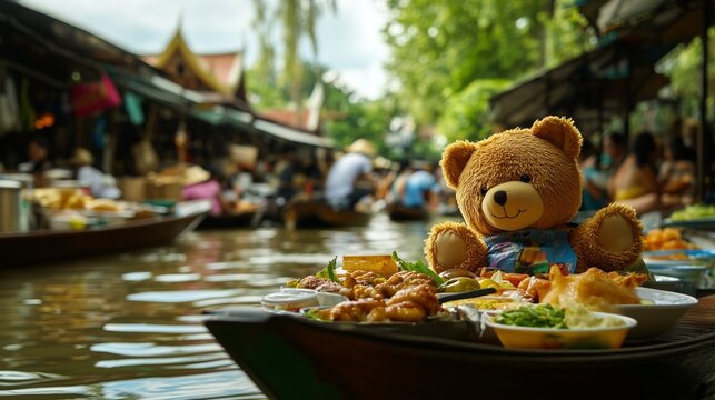 Teddy bear sitting on boat. A floating plush market in the thailand. A mascot of the cultural field saduak. A teddy bear placed on lifestyle a boat.