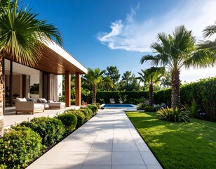Modern house exterior with pool and patio