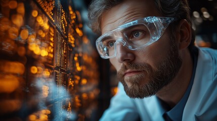 Man scientist with protective glasses analyzing digital data.