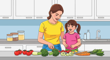 Adobe illustrator artwork vector illustration Mother and daughter happily preparing healthy vegetables together in a bright kitchen. Family cooking concept, healthy eating, vector illustration.